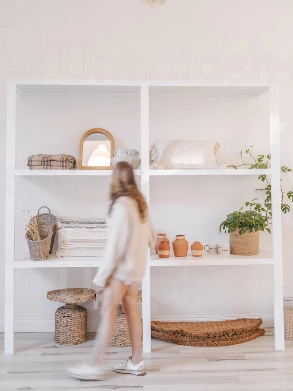 estanterías y mujer